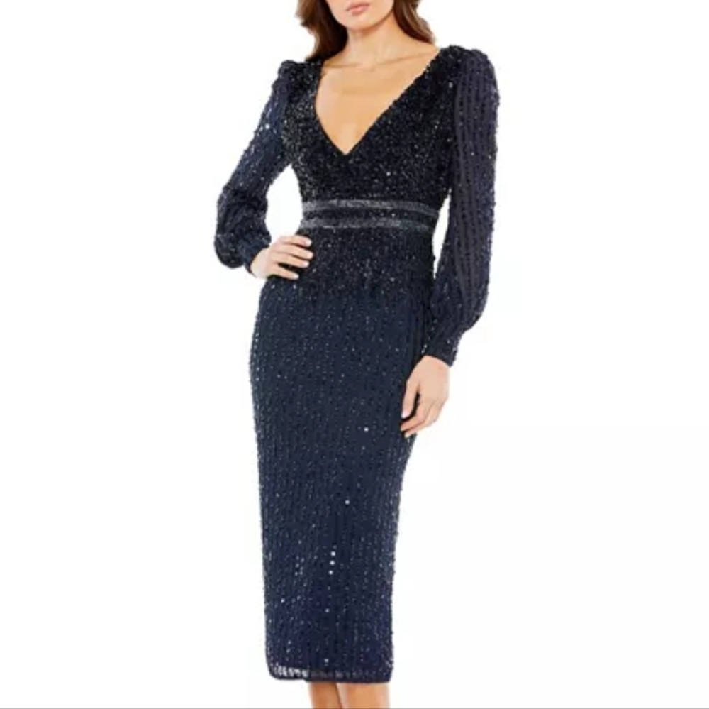Mac Duggal Women's Sequined V Neck Bishop Sleeve Dress Size 20